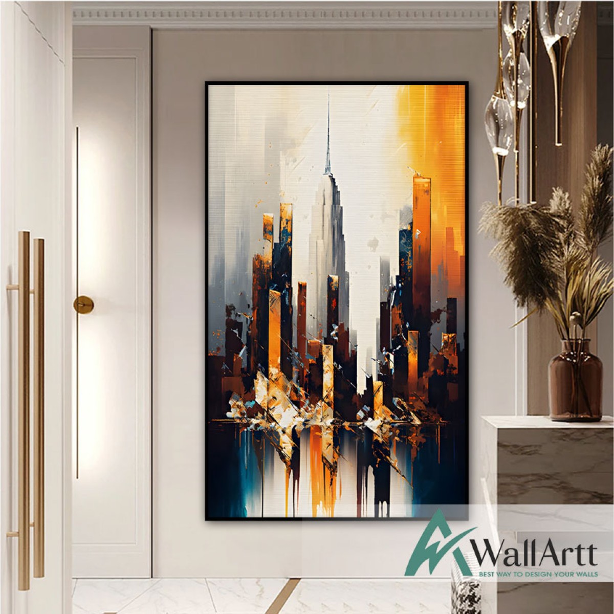 Orange Skyscrapers Textured Partial Oil Painting - Wall Art